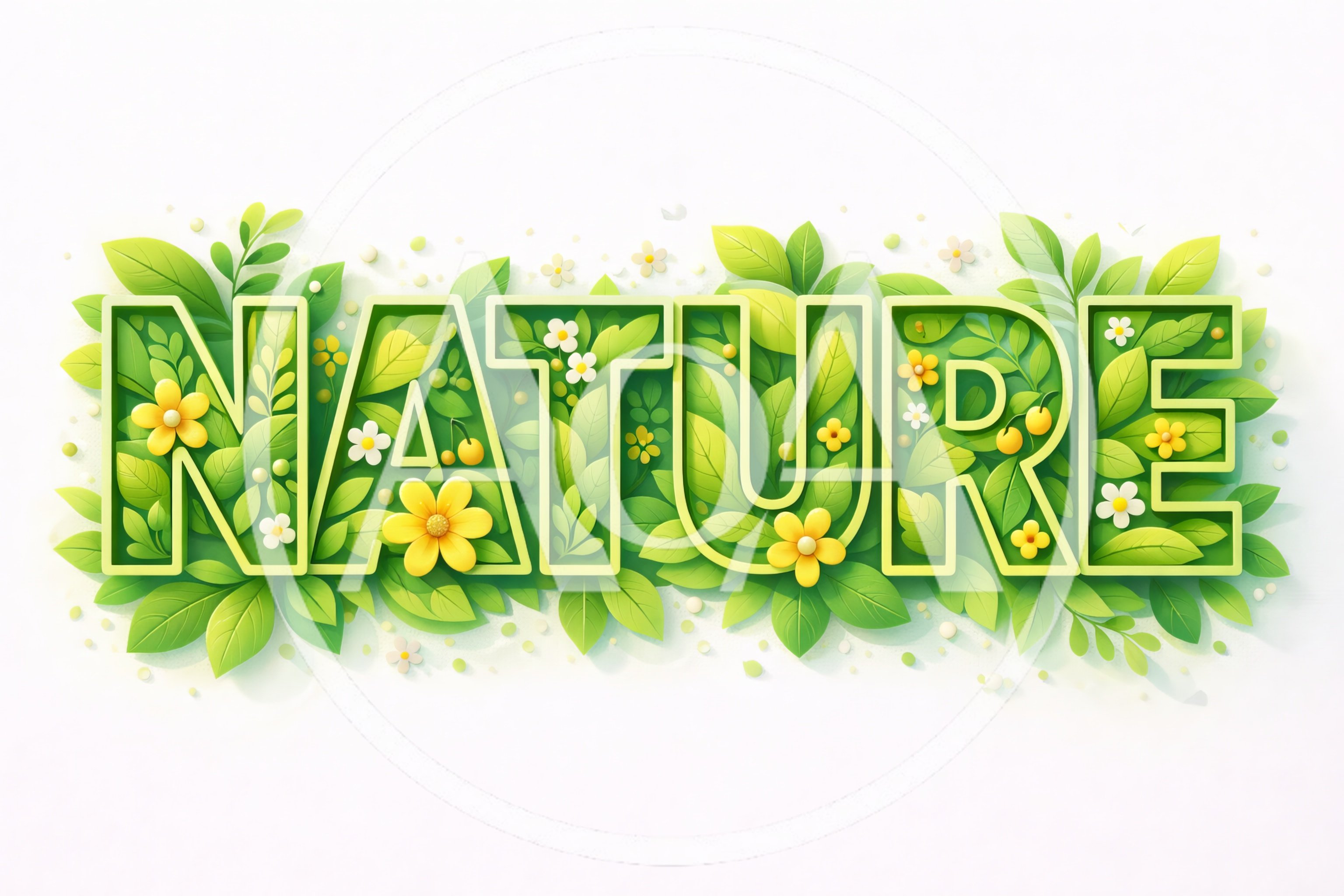 Nature Typography Design With Green Leaves And Flowers