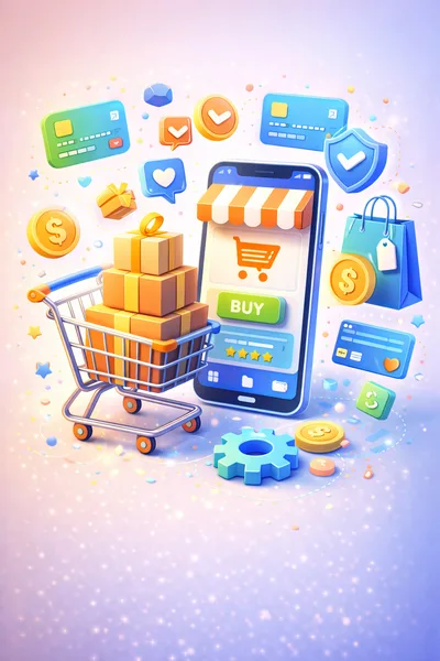3D E-commerce Shopping Concept with Smartphone and Cart