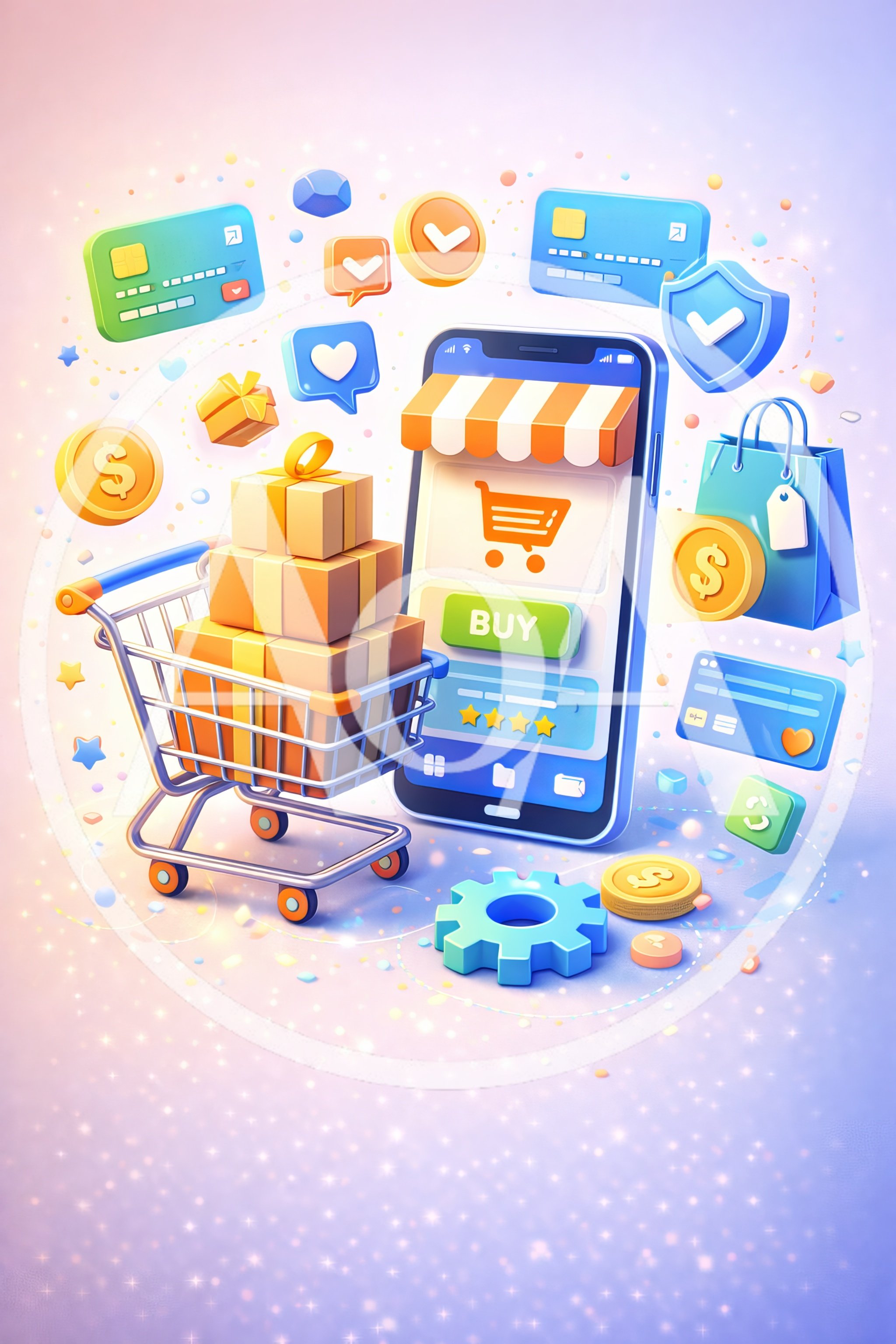 3D E-commerce Shopping Concept with Smartphone and Cart