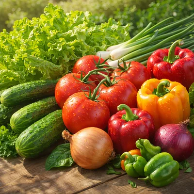 Fresh Assorted Vegetables On A Rustic Wooden Table