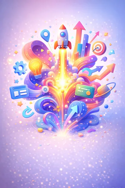 3D Rocket Launching With Business Growth Icons