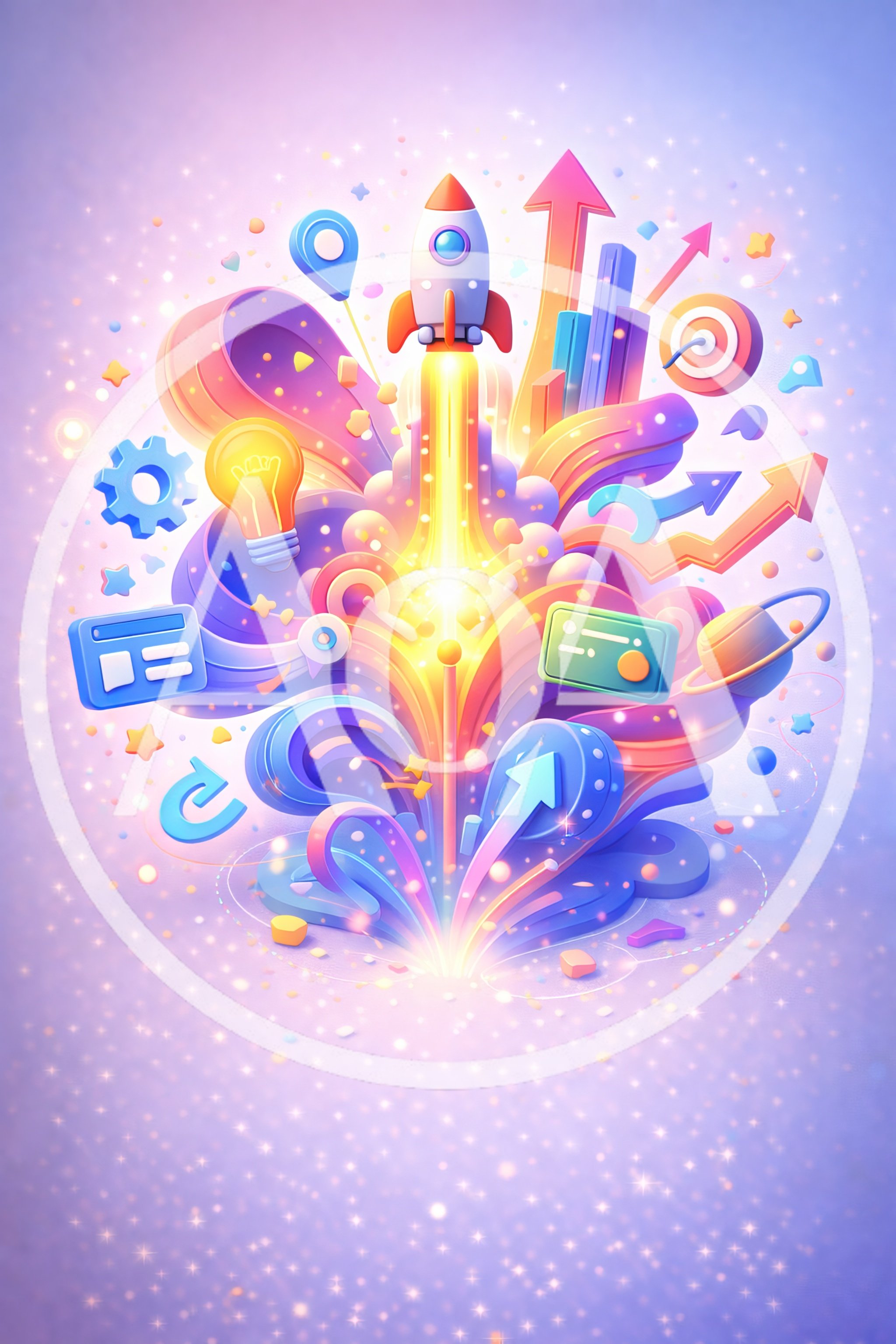 3D Rocket Launching With Business Growth Icons
