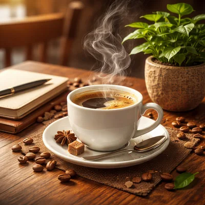 Steaming Cup Of Coffee On A Wooden Desk