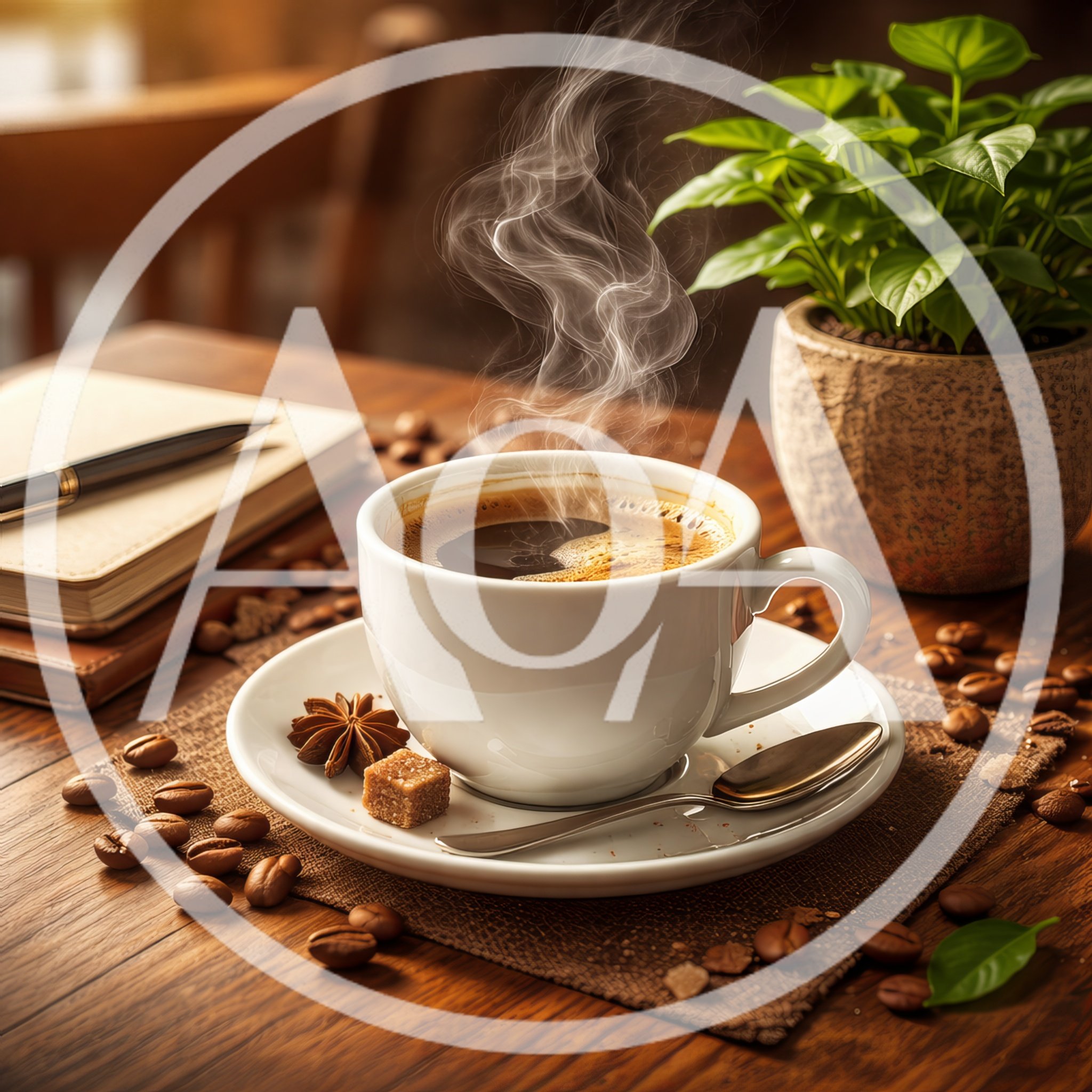 Steaming Cup Of Coffee On A Wooden Desk