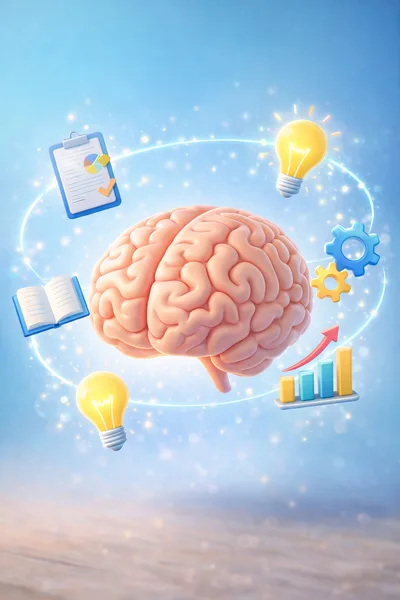 3D Render of Human Brain with Educational Icons