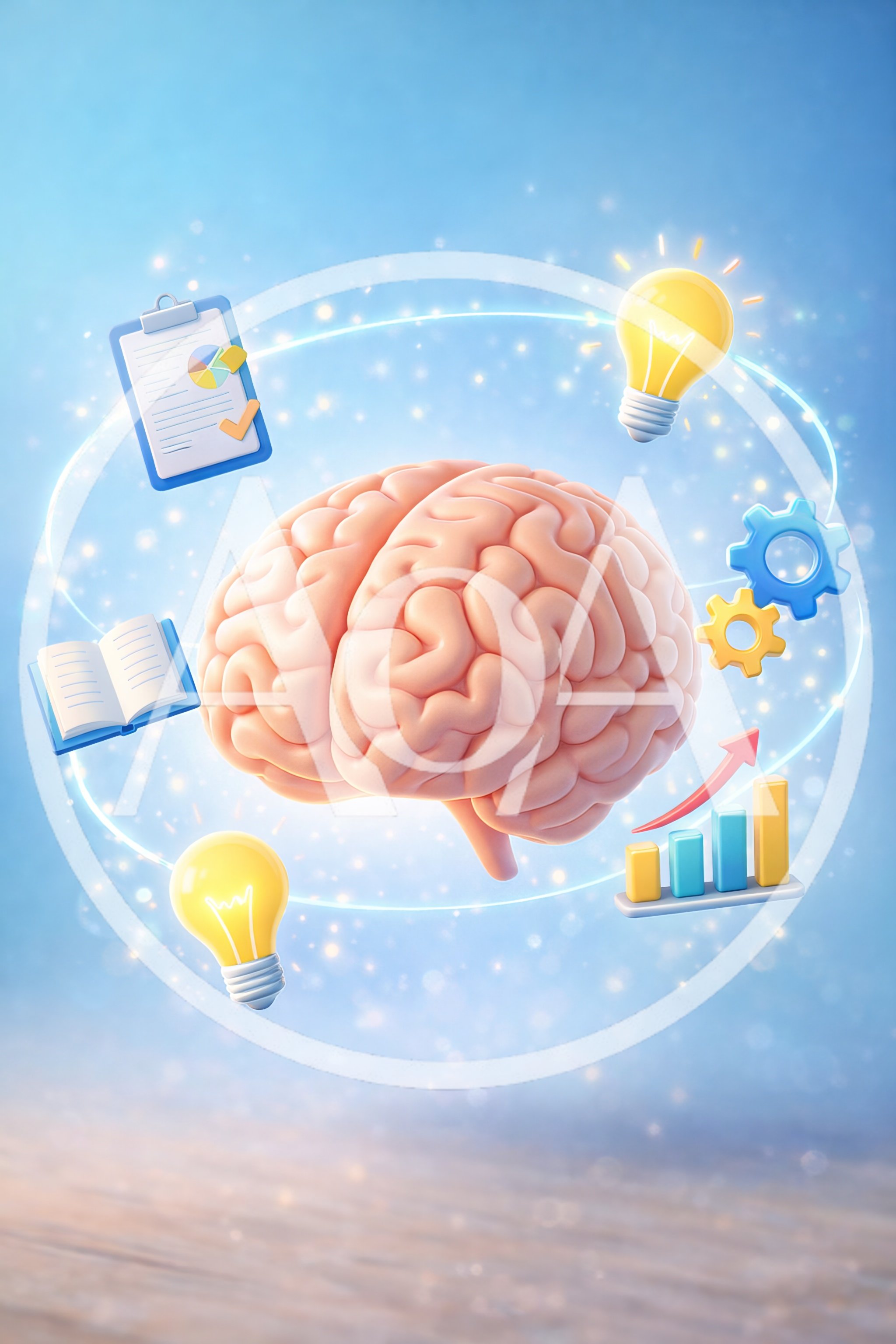 3D Render of Human Brain with Educational Icons