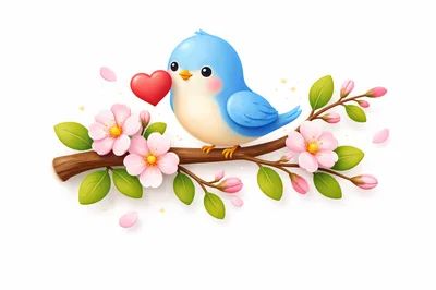 Cute Blue Bird Holding A Red Heart On Branch