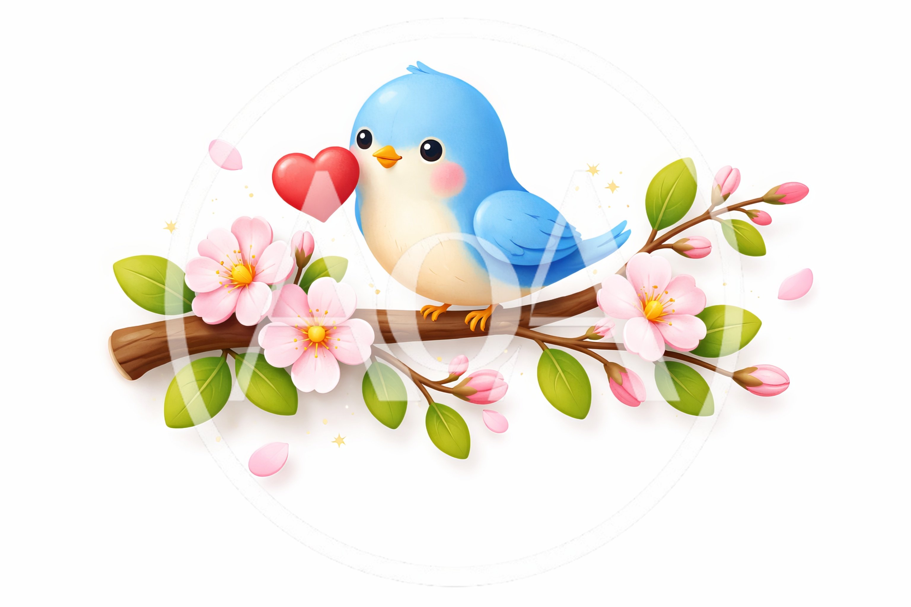 Cute Blue Bird Holding A Red Heart On Branch