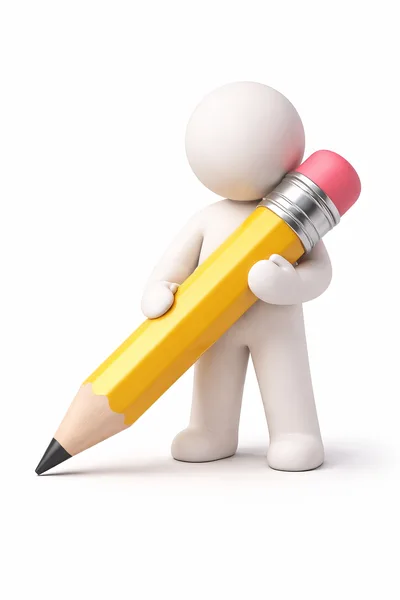 3D Character Holding A Large Yellow Pencil