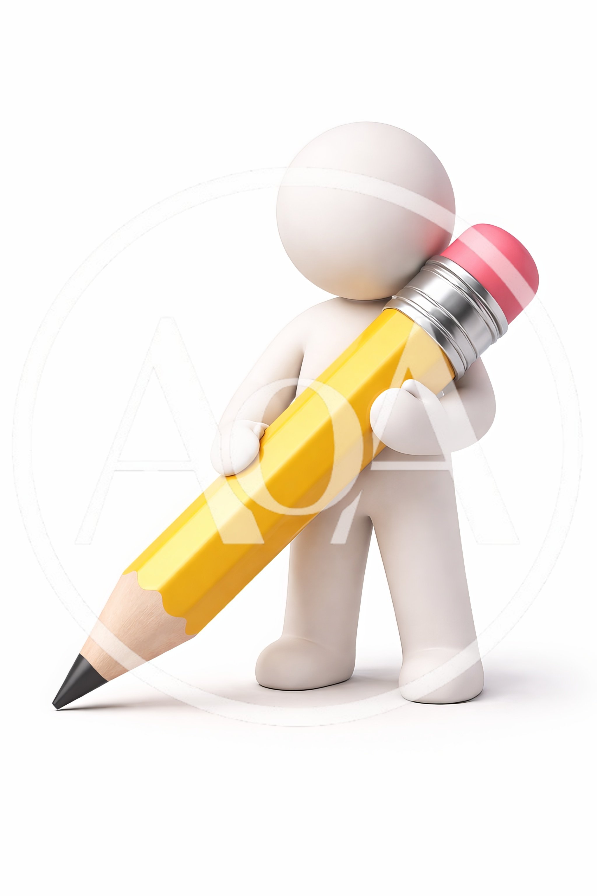 3D Character Holding A Large Yellow Pencil