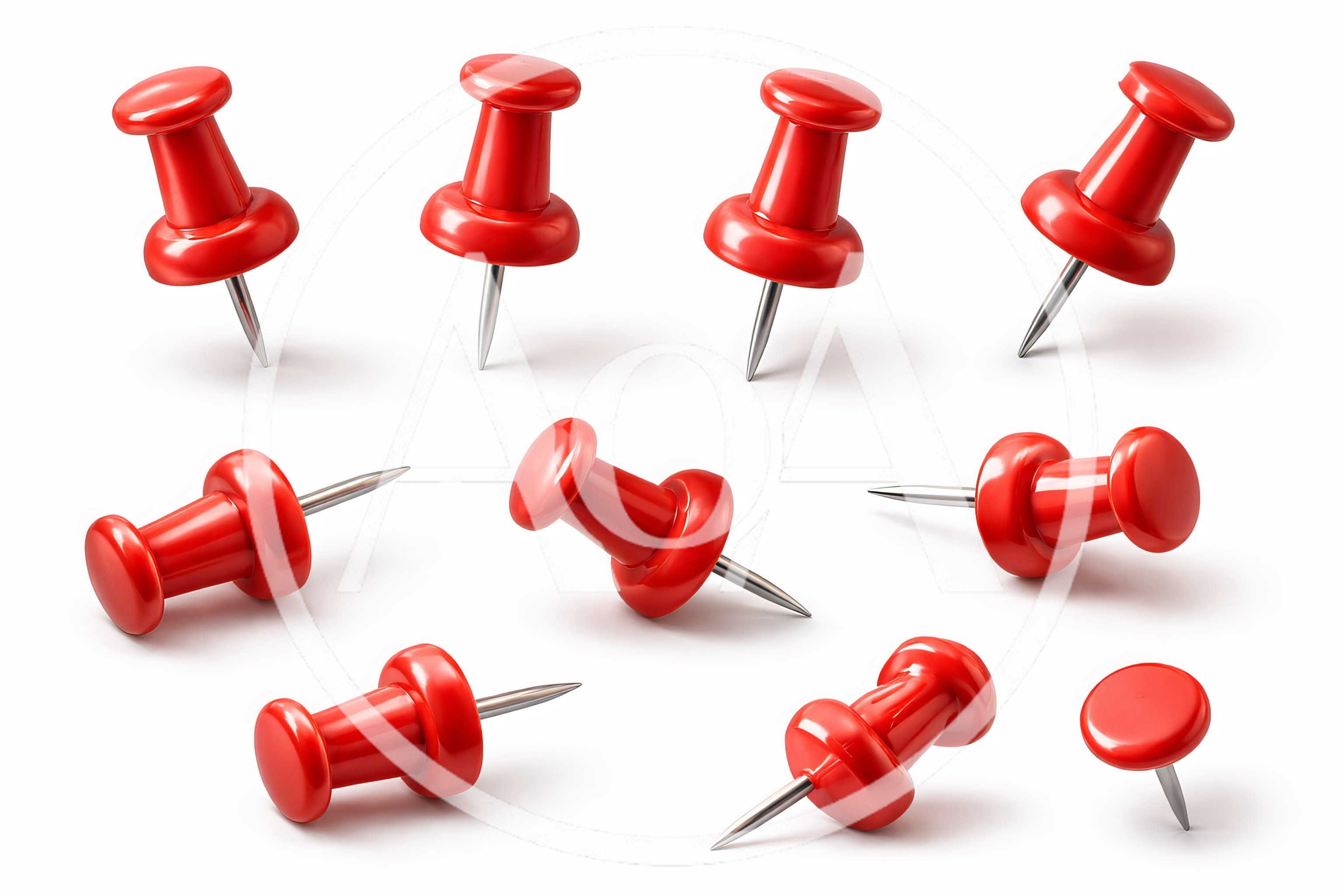Collection Of Red Push Pins On White Background