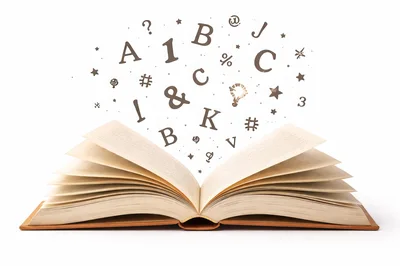 Open Book With Floating Letters And Symbols