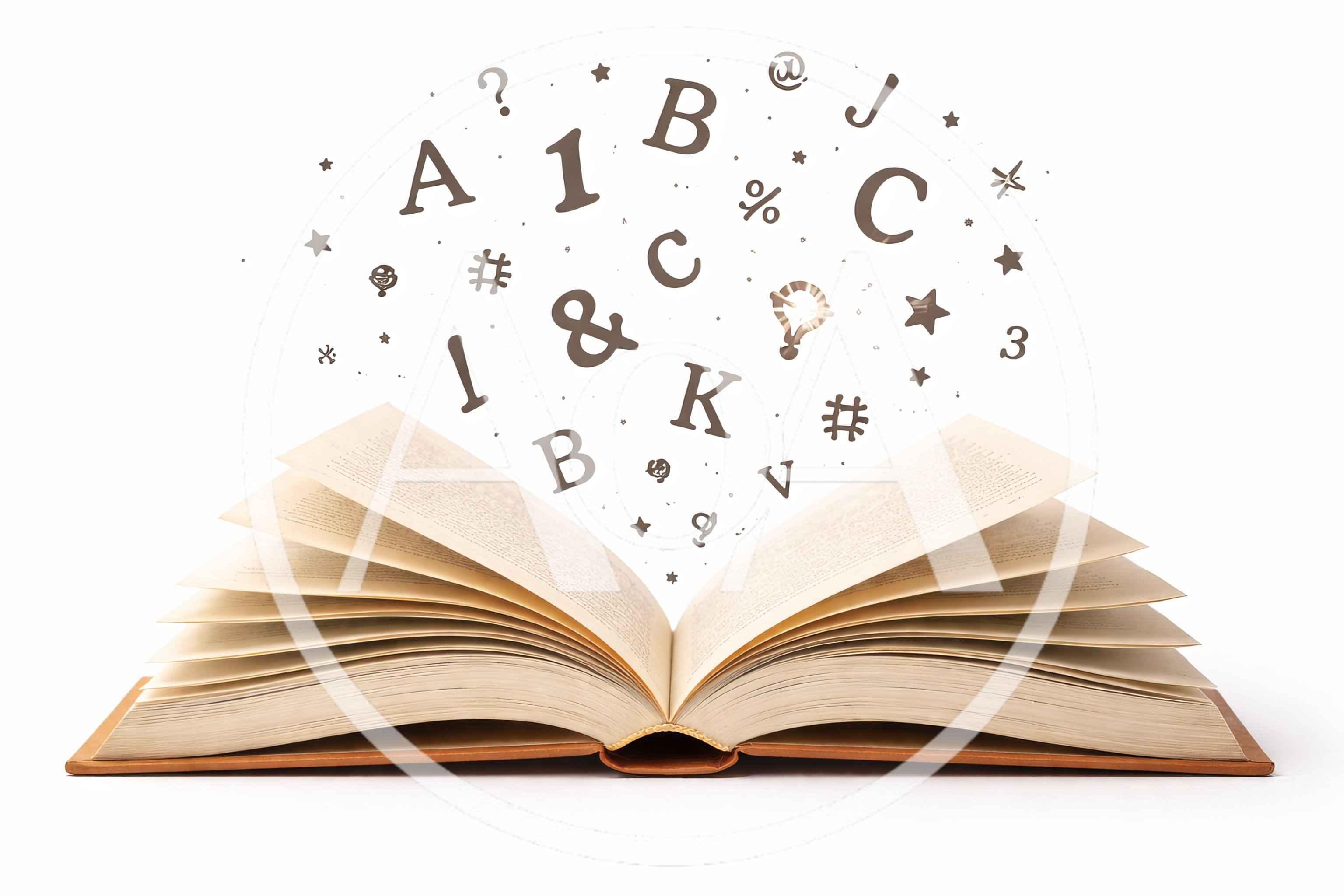 Open Book With Floating Letters And Symbols