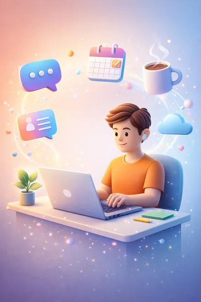 3D Illustration of a Young Man Working on Laptop