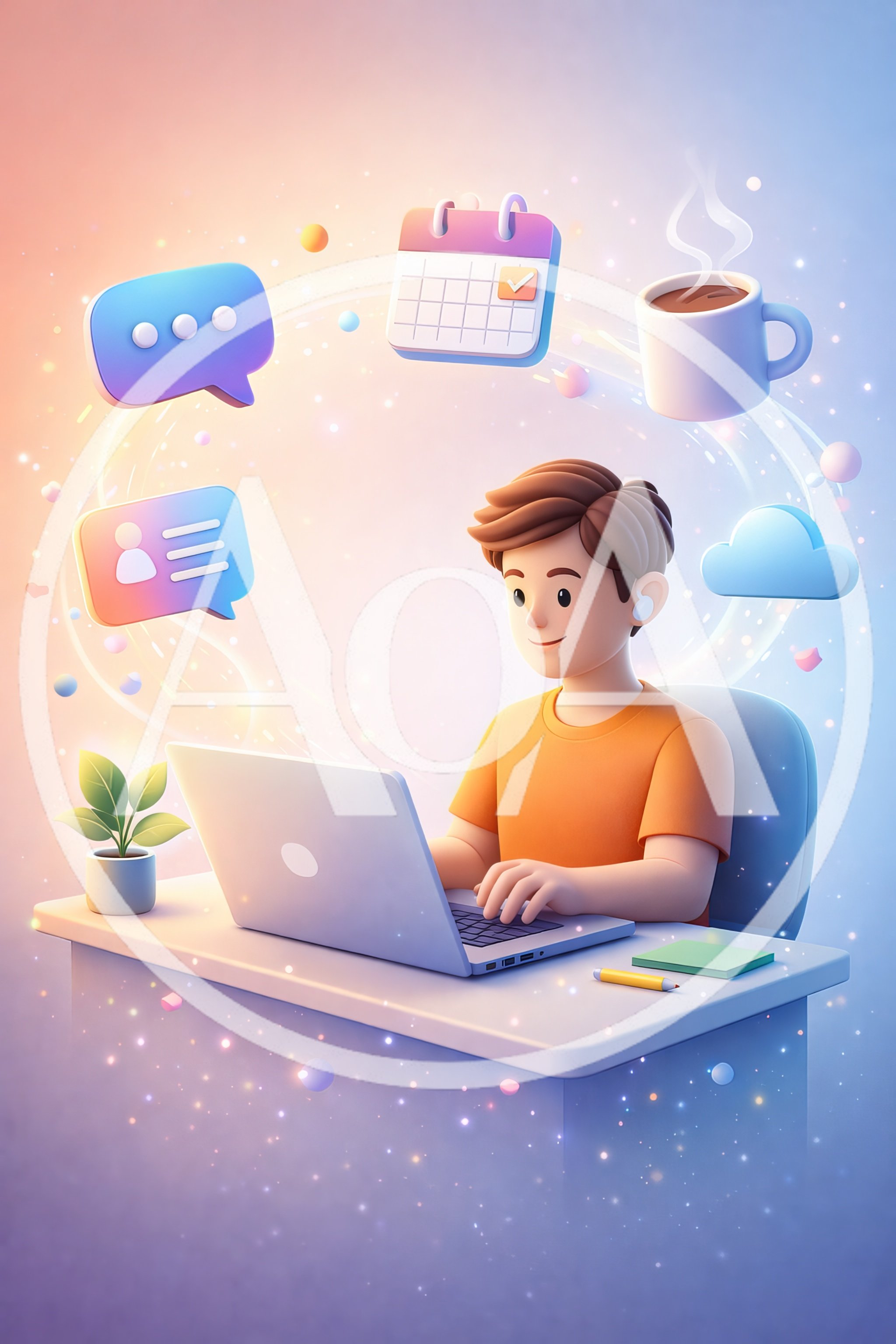 3D Illustration of a Young Man Working on Laptop