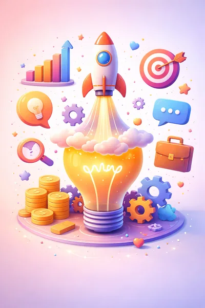 3D Business Startup Concept With Rocket And Lightbulb