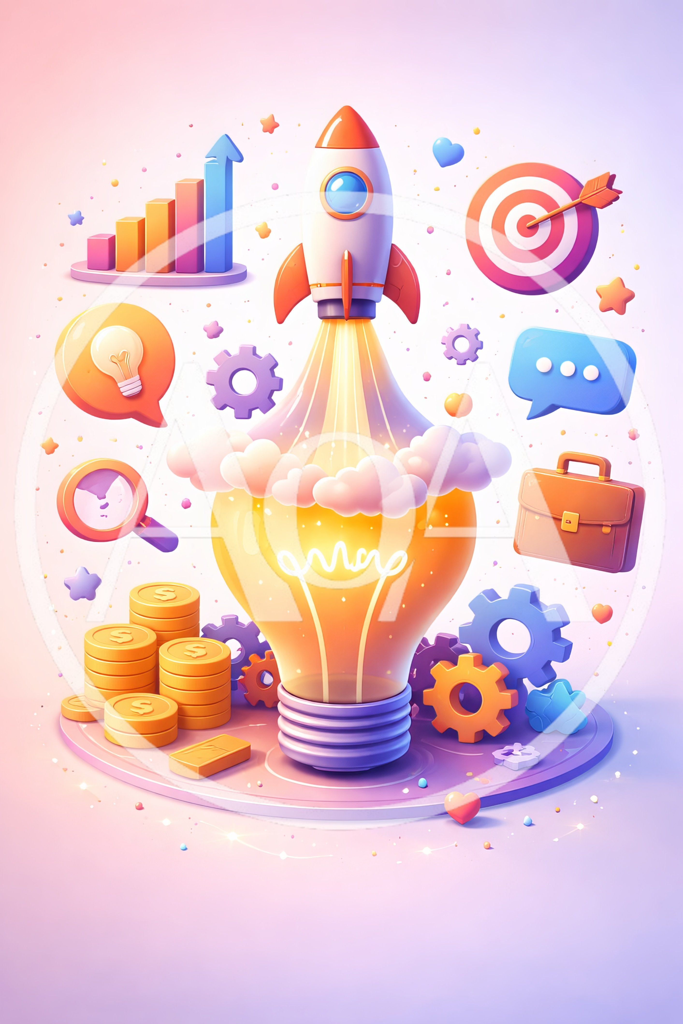3D Business Startup Concept With Rocket And Lightbulb