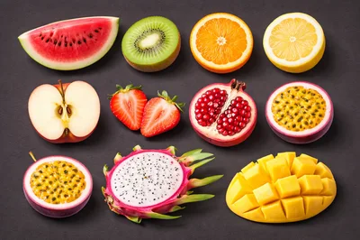 Assorted Fresh Tropical Fruits Sliced On Dark Background