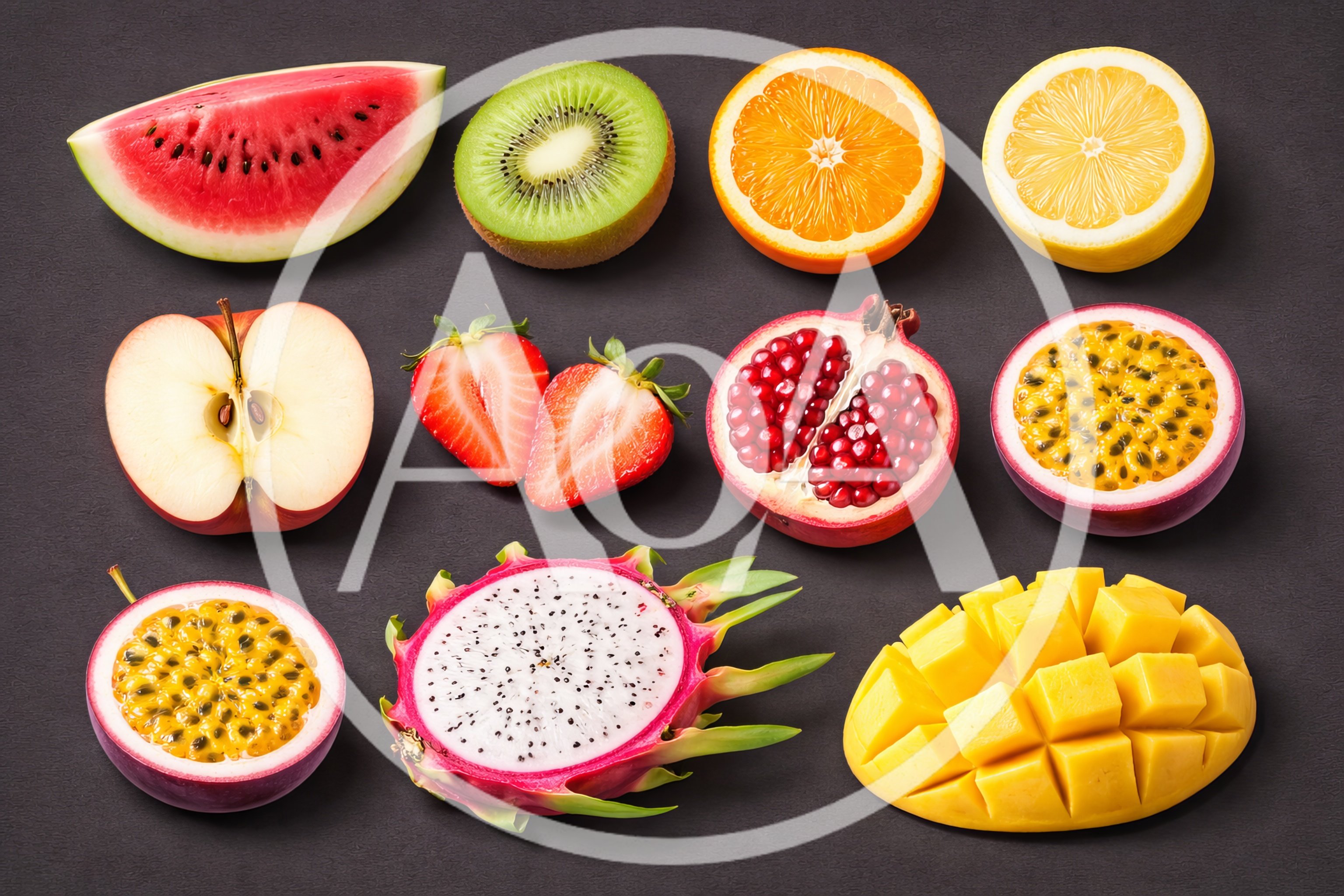 Assorted Fresh Tropical Fruits Sliced On Dark Background