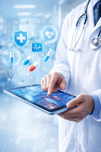 Doctor Using Digital Tablet With Medical Holographic Interface