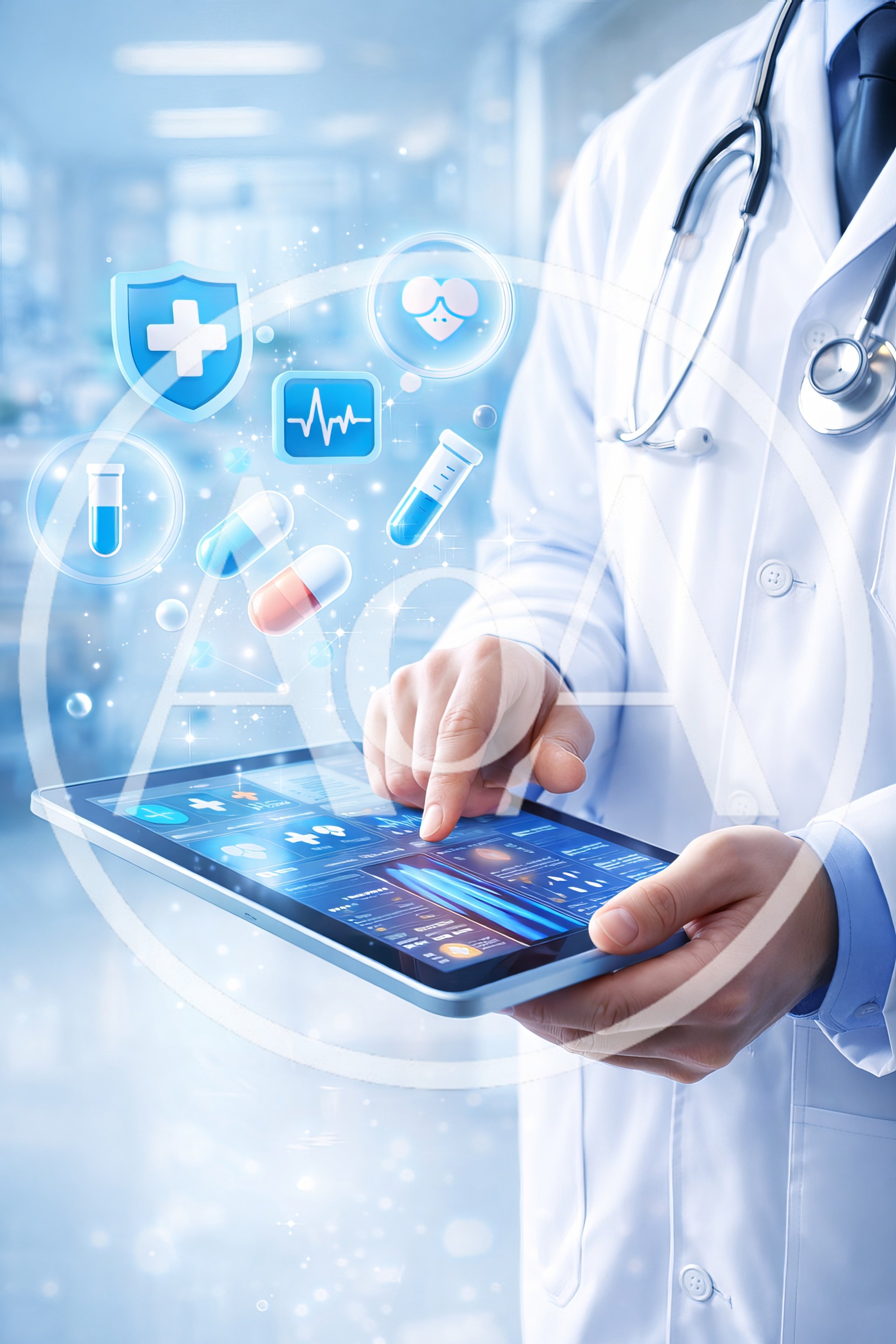 Doctor Using Digital Tablet With Medical Holographic Interface