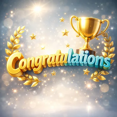 Golden Congratulations Text With Trophy And Laurel Wreath