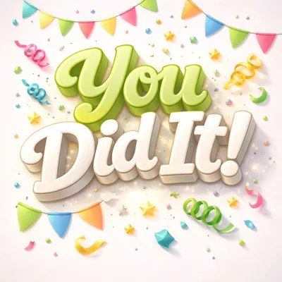 3D Celebration Text Graphic With Confetti And Bunting