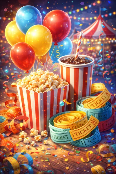 Carnival Popcorn And Soda With Tickets And Balloons