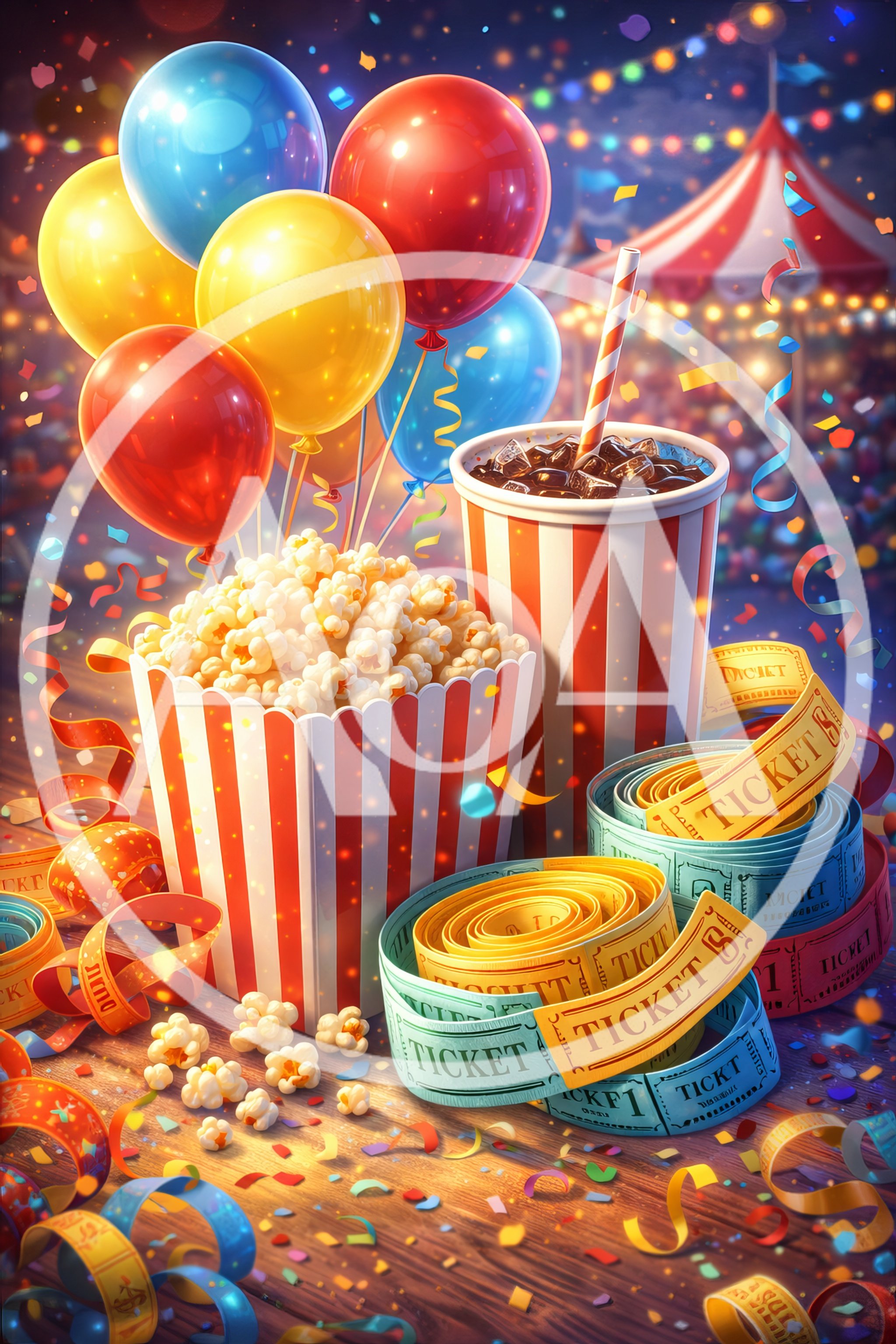 Carnival Popcorn And Soda With Tickets And Balloons