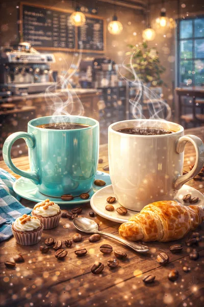 Two Steaming Coffee Mugs With Pastries On A Wooden Table