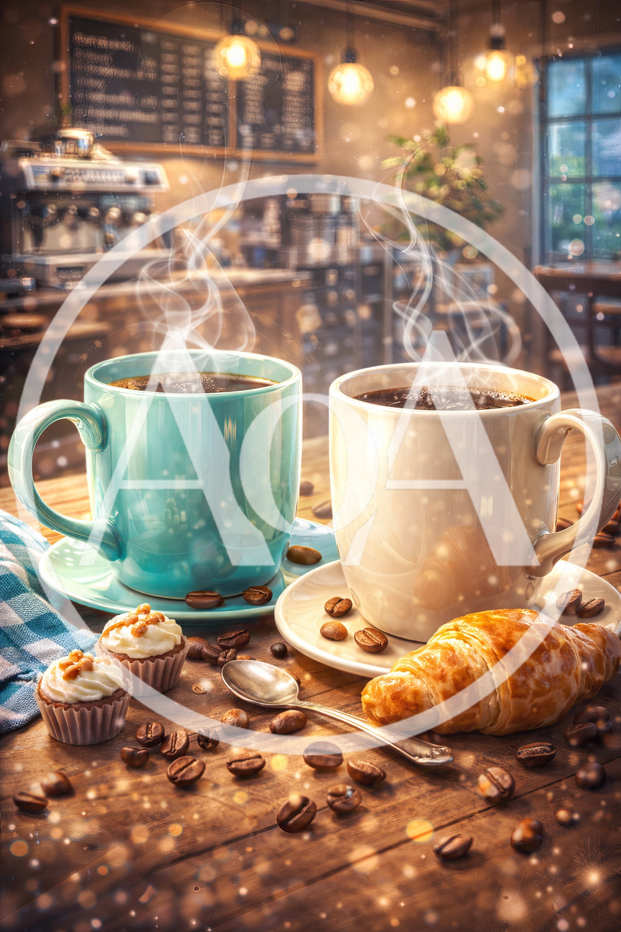 Two Steaming Coffee Mugs With Pastries On A Wooden Table