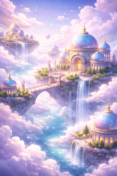 Fantasy Floating Palace With Waterfalls In The Clouds