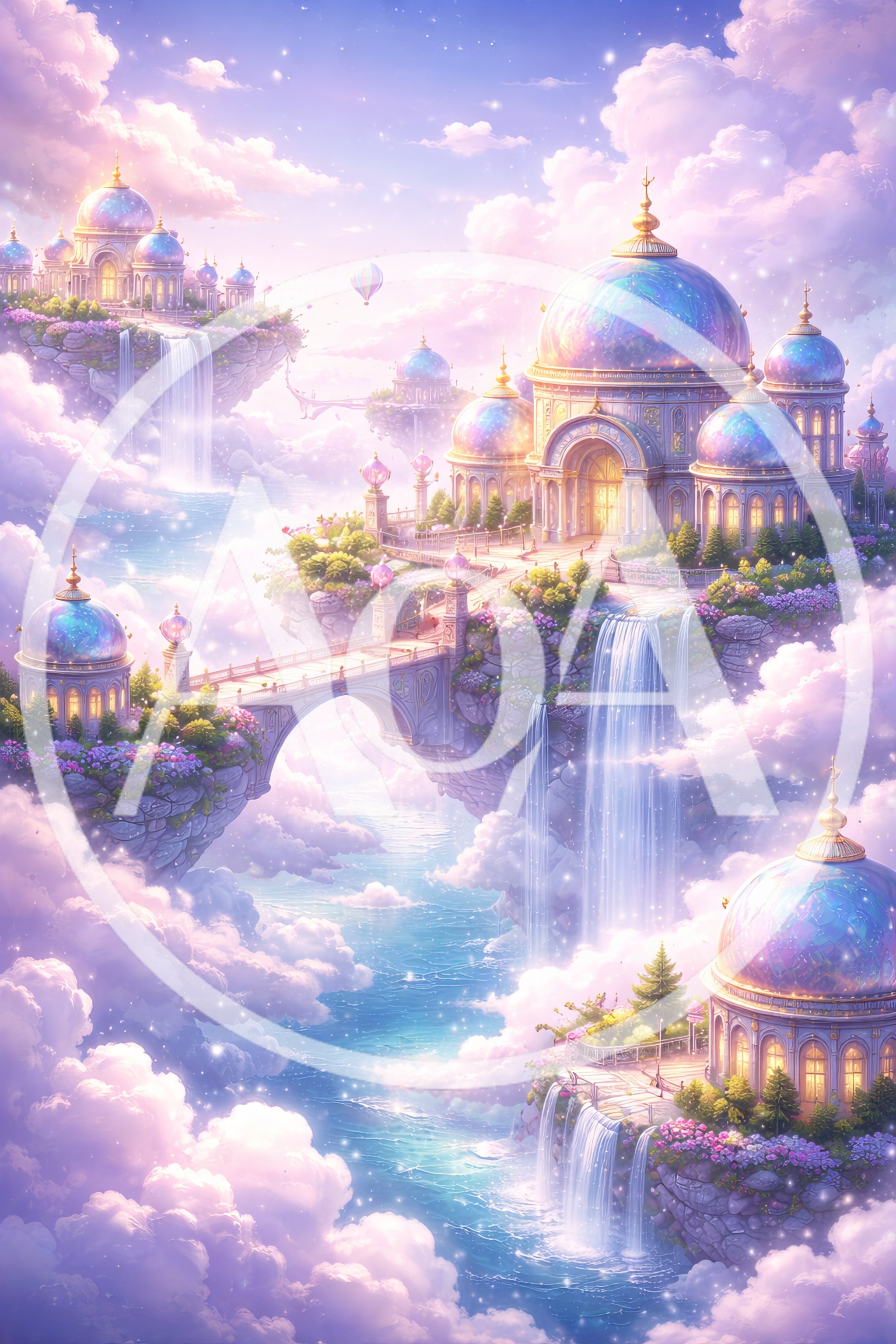 Fantasy Floating Palace With Waterfalls In The Clouds