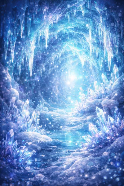 Magical Ice Cave With Glowing Crystals And Icicles