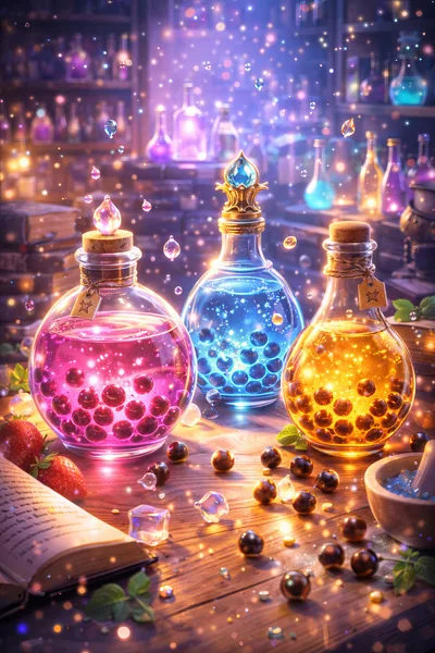 Magical Potion Bottles With Glowing Berries On Wooden Table