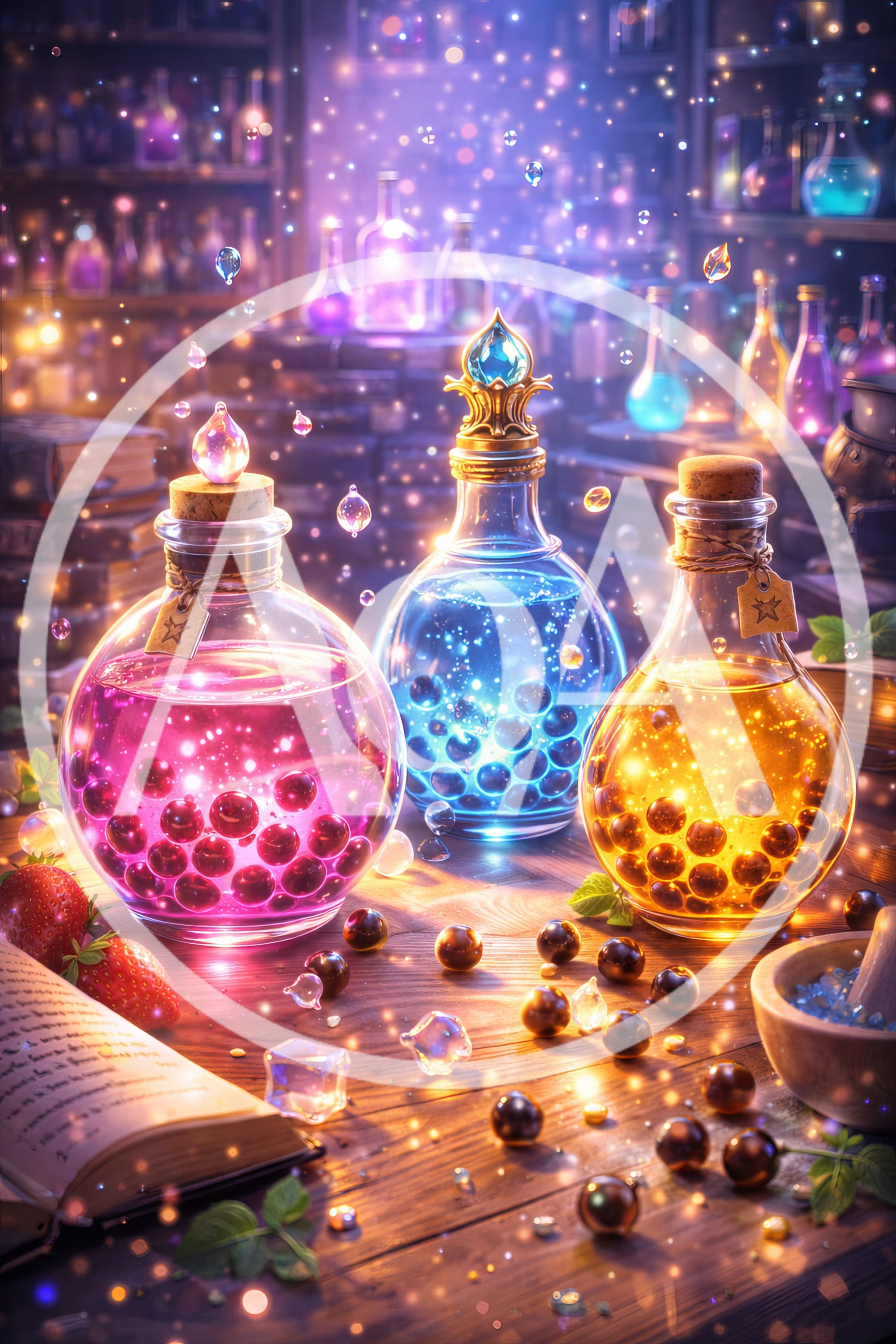 Magical Potion Bottles With Glowing Berries On Wooden Table
