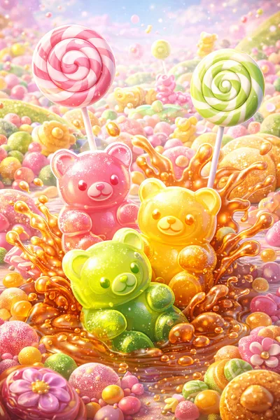Gummy Bears Splashing in Liquid Candy