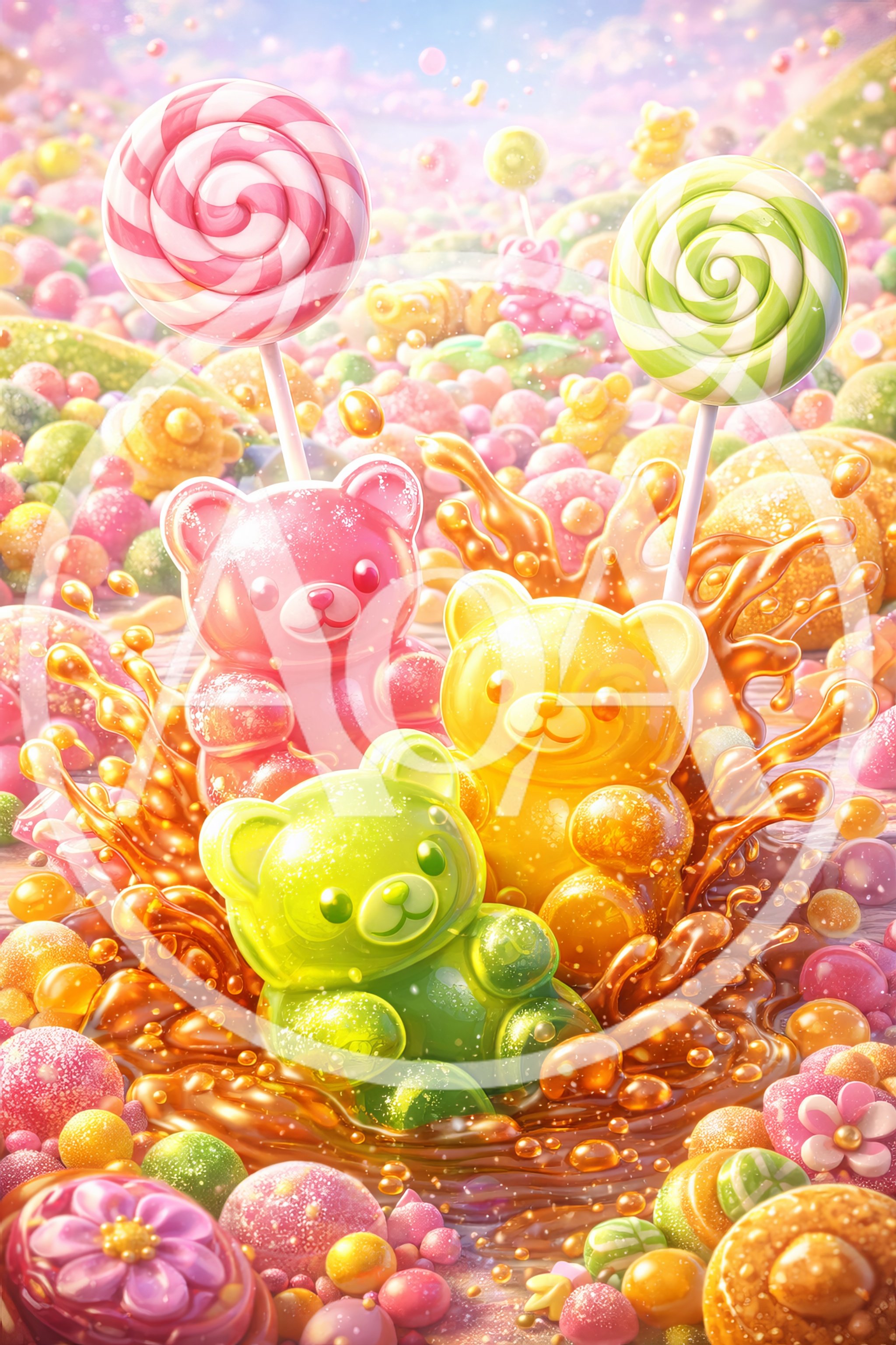 Gummy Bears Splashing in Liquid Candy
