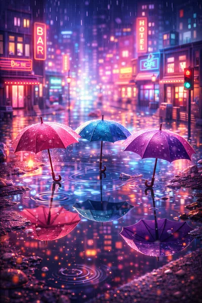 Three Colorful Umbrellas Standing in a Rainy City Street