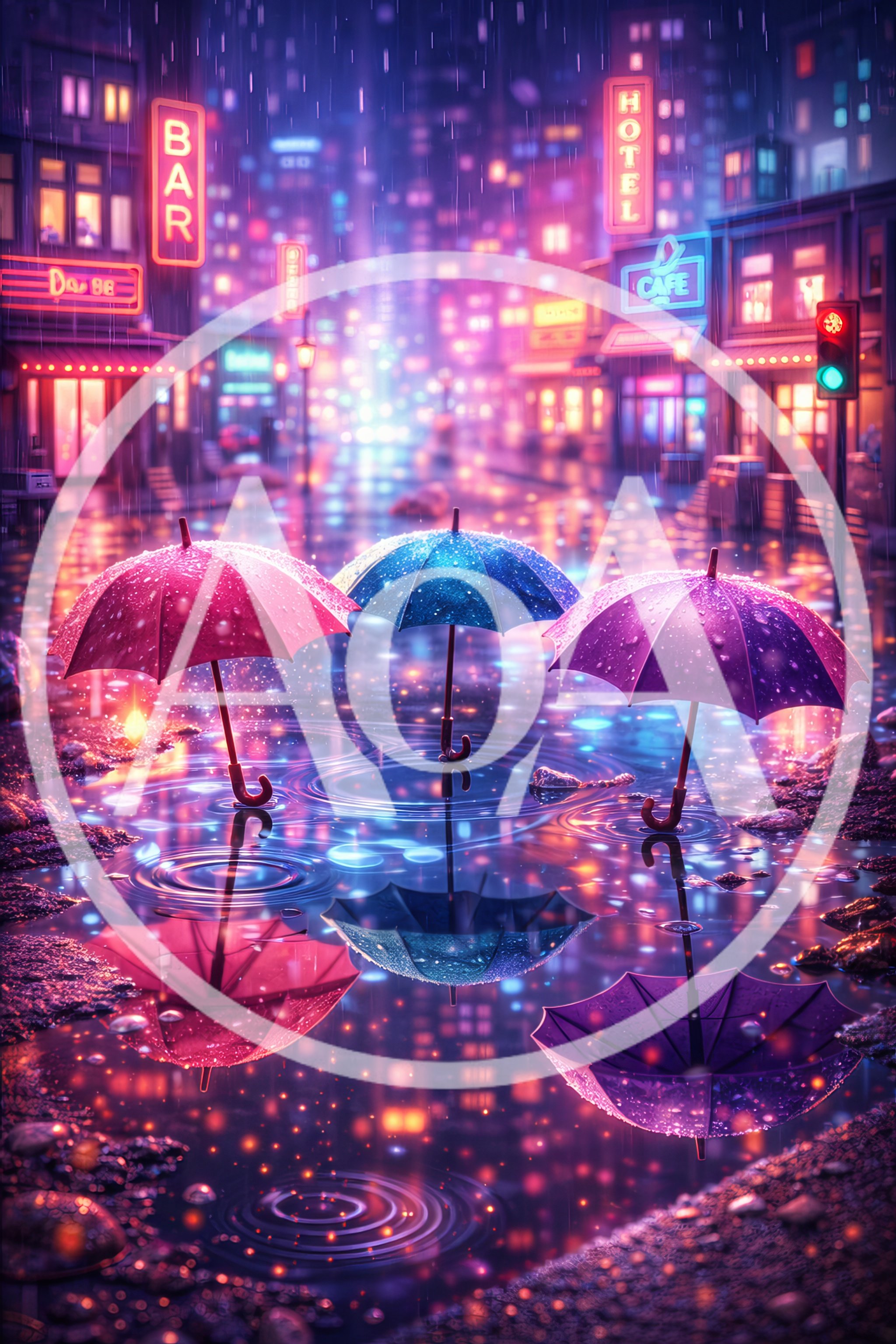 Three Colorful Umbrellas Standing in a Rainy City Street