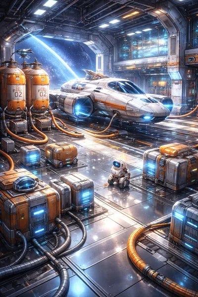 Futuristic Spaceship Maintenance Hangar With Small Robot