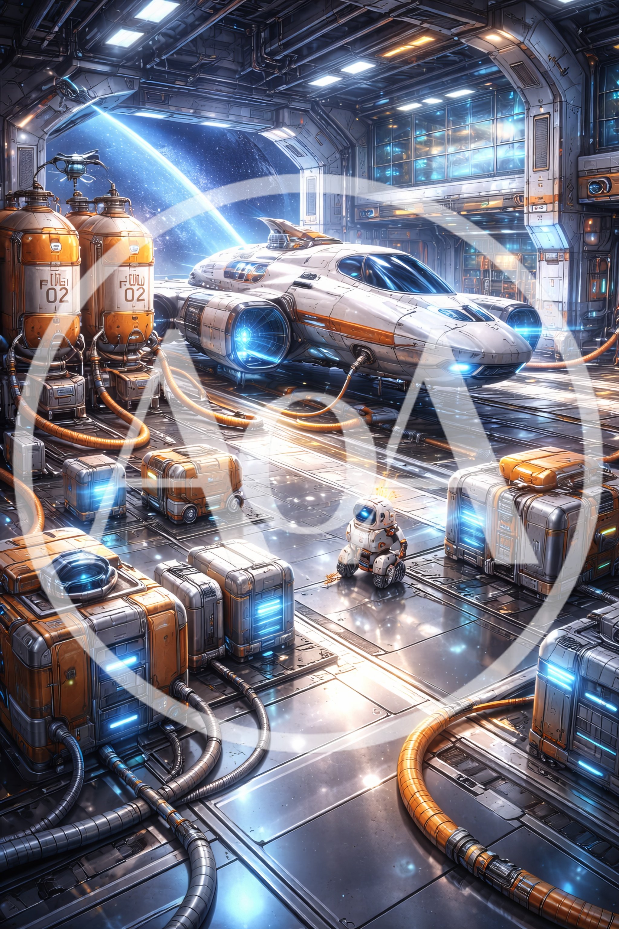 Futuristic Spaceship Maintenance Hangar With Small Robot