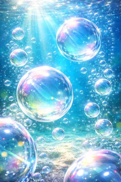 Underwater Bubbles Rising Through Sunlit Ocean Water