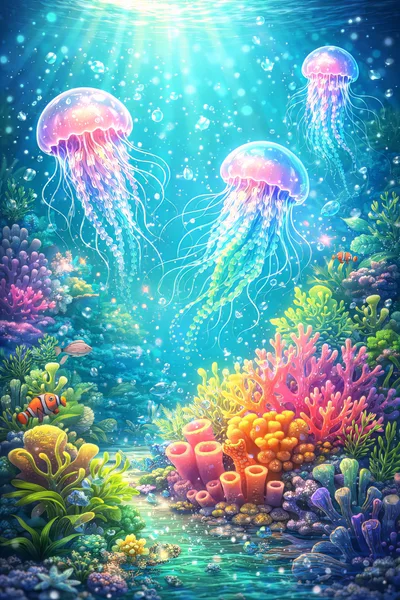 Vibrant Jellyfish Swimming Over A Colorful Coral Reef