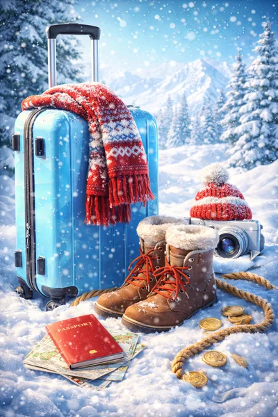 Winter Travel Essentials With Suitcase And Passport In Snow