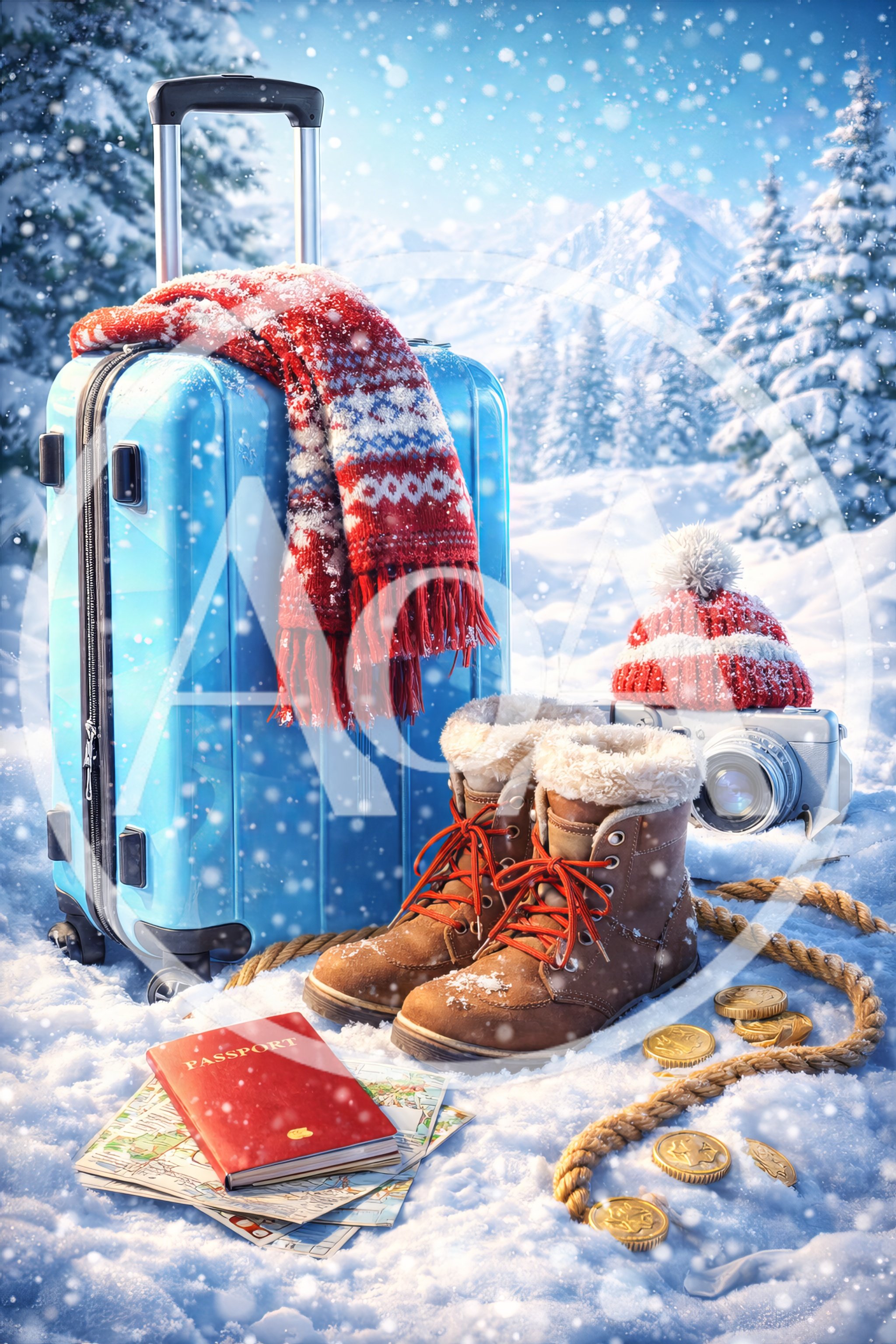 Winter Travel Essentials With Suitcase And Passport In Snow