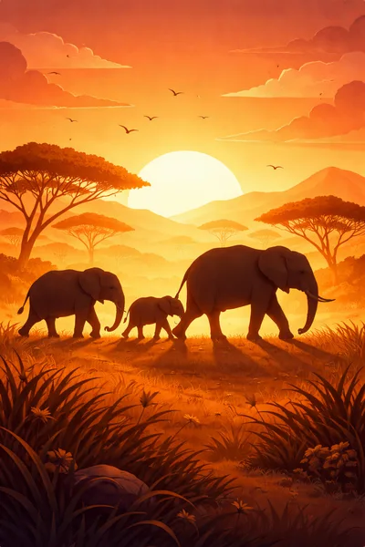 African Elephant Family Walking Across The Savanna At Sunset