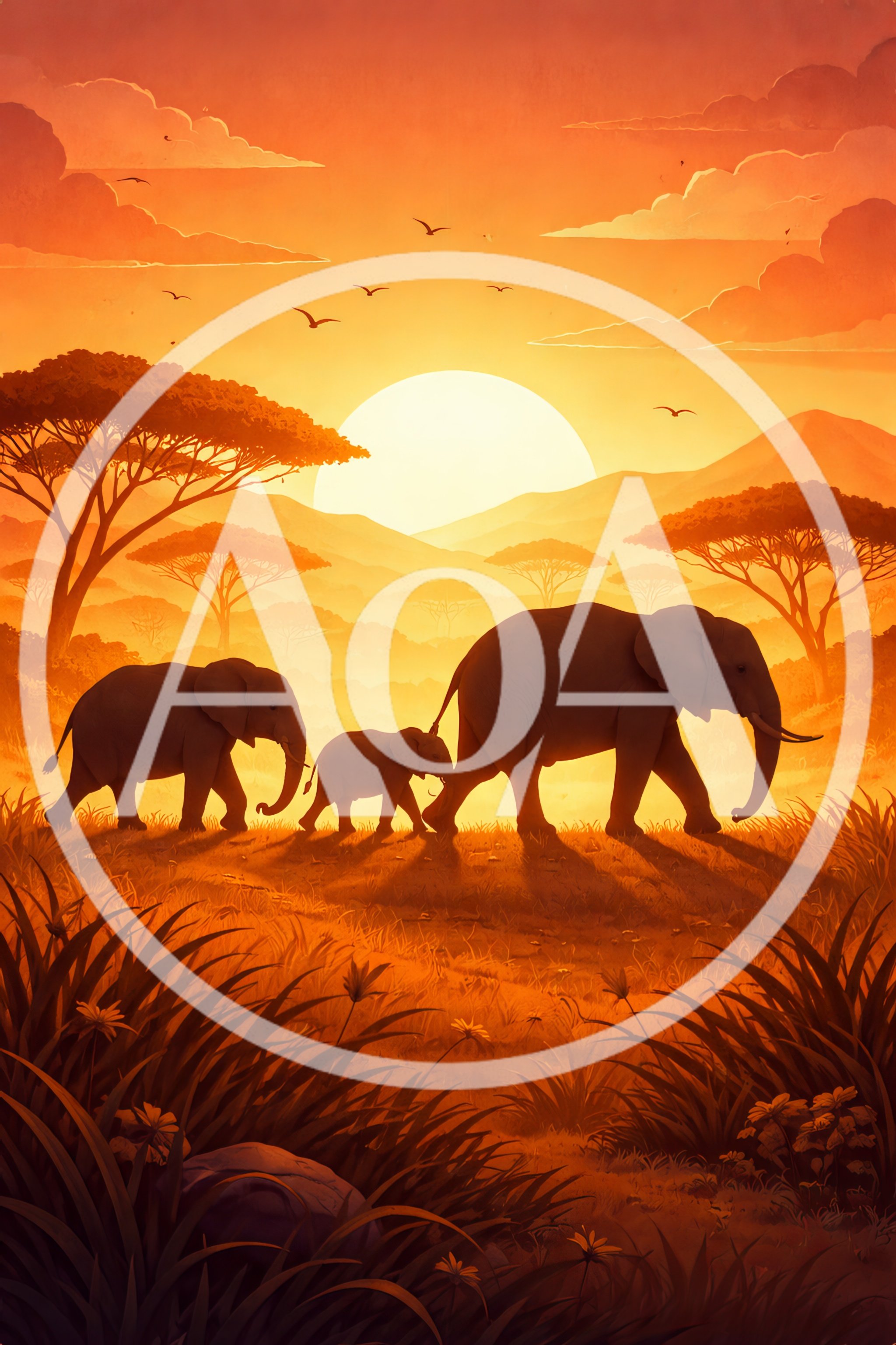 African Elephant Family Walking Across The Savanna At Sunset