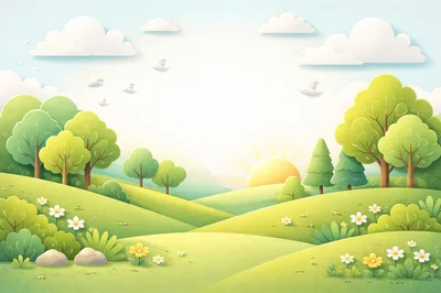 Paper Cutout Style Spring Landscape With Rolling Hills