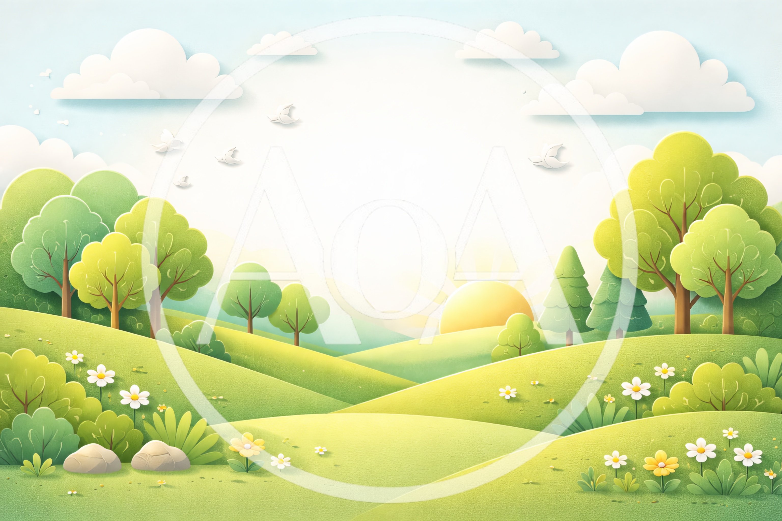 Paper Cutout Style Spring Landscape With Rolling Hills